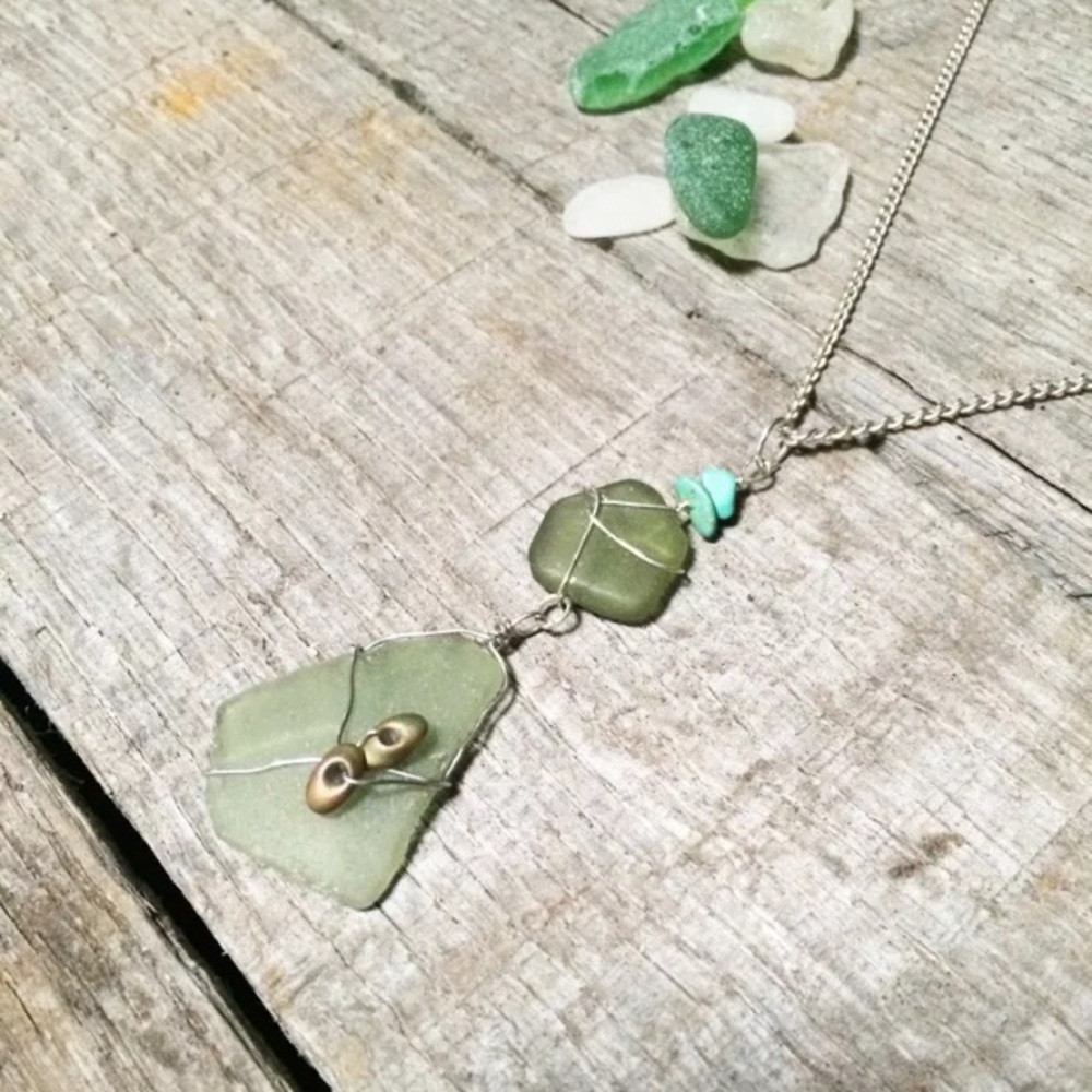 Moss Green Sea Glass & Japanese Antique Bead Necklace Boho Ocean Mermaid Beach